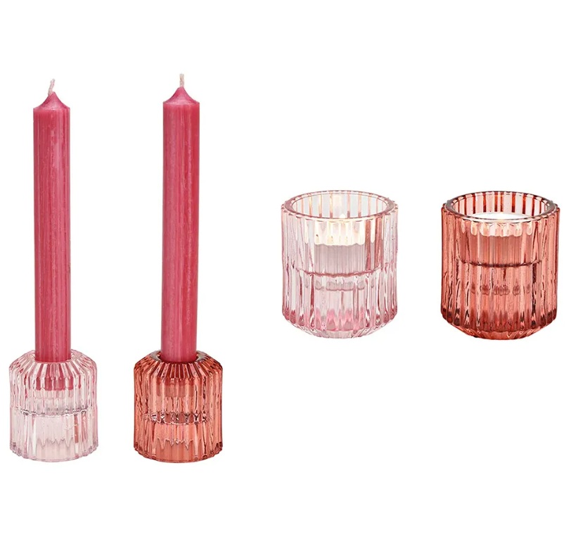 Glazen kaarsenhouder dubbel roze